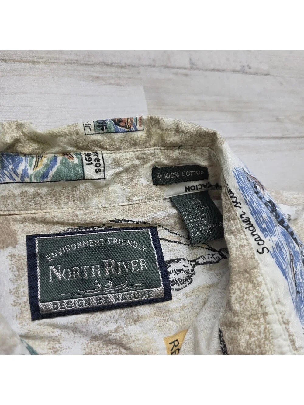 VTG North River All Over Print Fishing around the World Stamps Button-Up - MED